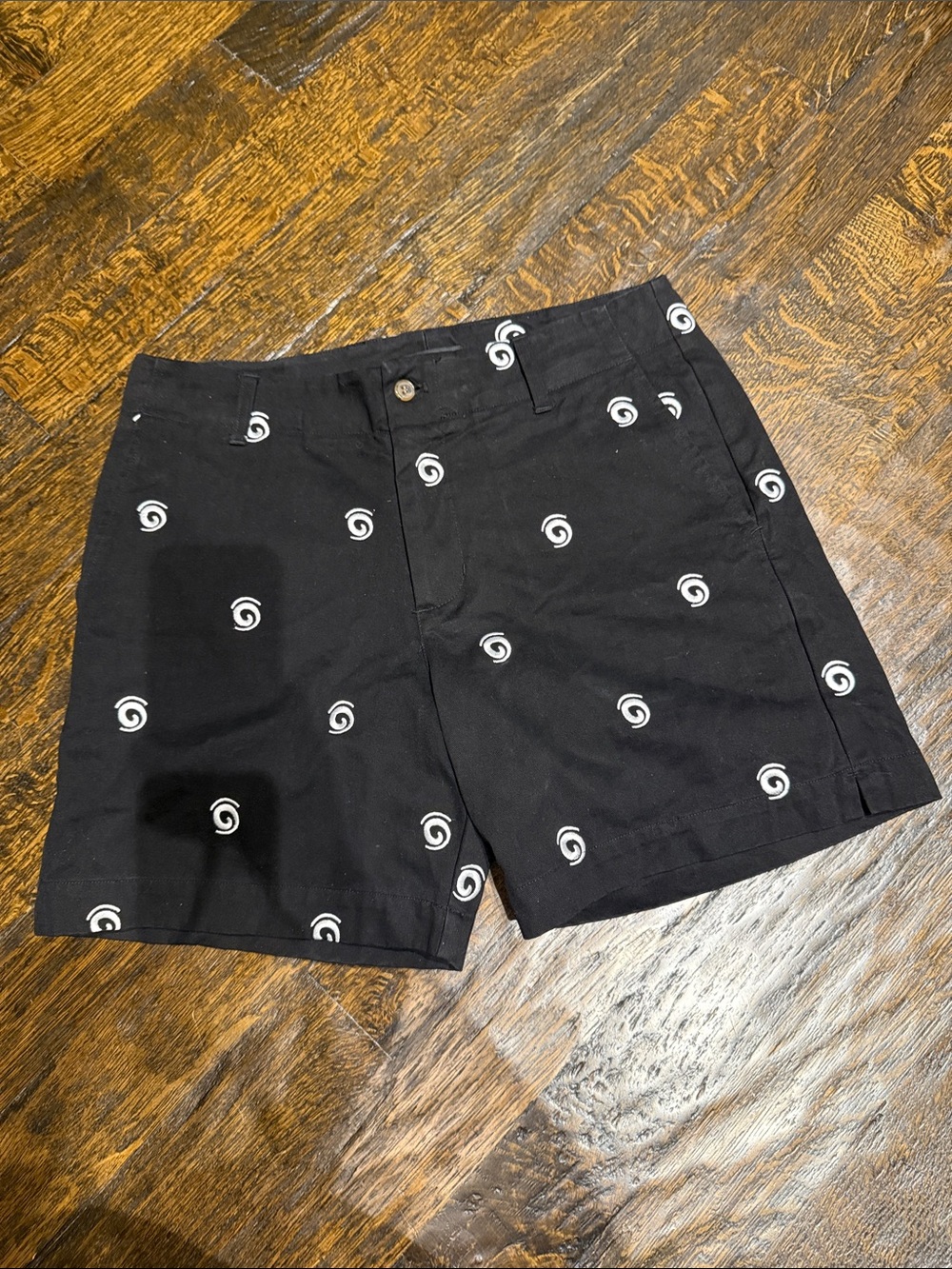 Men's Black Flat Front Shorts with White Spiral Print - Picture 3 of 8